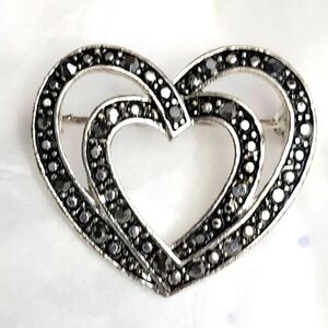 Vtg Silver Tone Marcasite Double Heart Pin Brooch